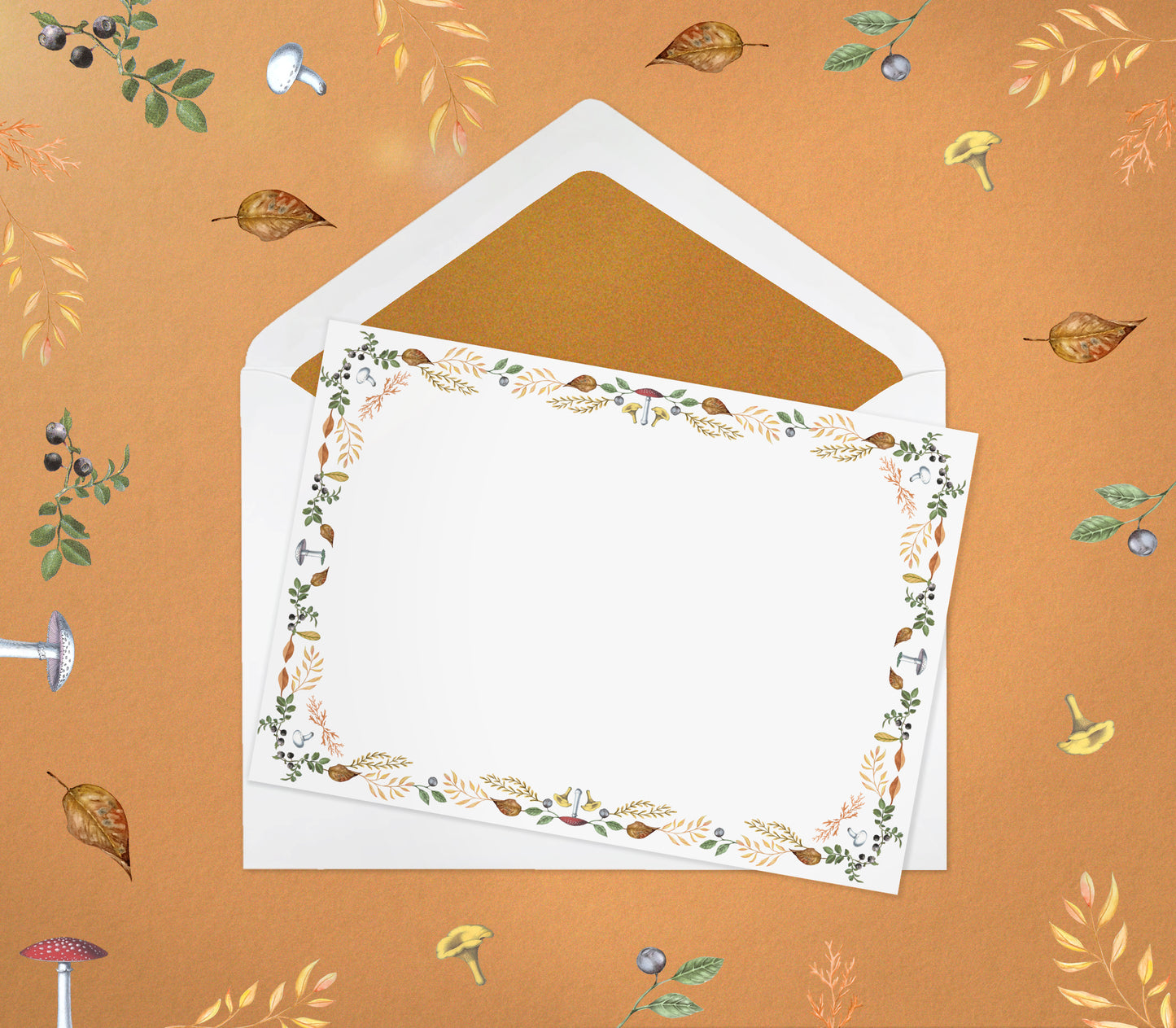 Atumn-themed letter paper from the 'Four Seasons' set, featuring 10 cards and 10 colourfully lined envelopes adorned with illustrations and drawings of flowers and plants in a charming pattern 01