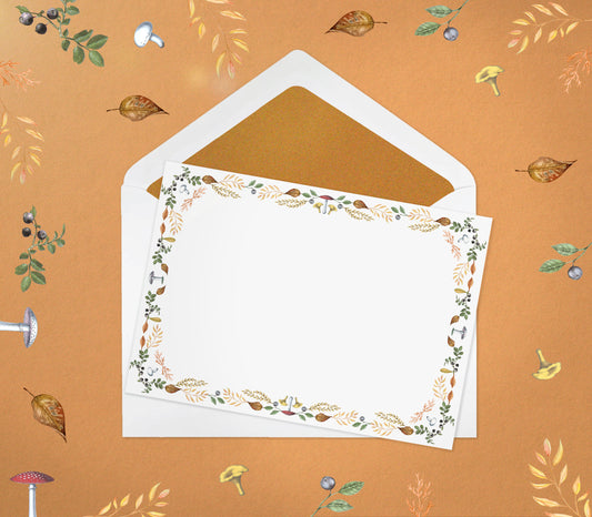 Atumn-themed letter paper from the 'Four Seasons' set, featuring 10 cards and 10 colourfully lined envelopes adorned with illustrations and drawings of flowers and plants in a charming pattern 01