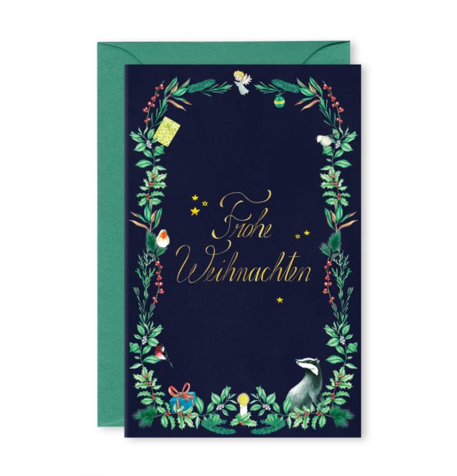 Christmas stationery inspired by forest animals, plants and an angel, painted in watercolour and printed on high-quality paper by Huber und Lerner. Showing a greeting card in blue 02