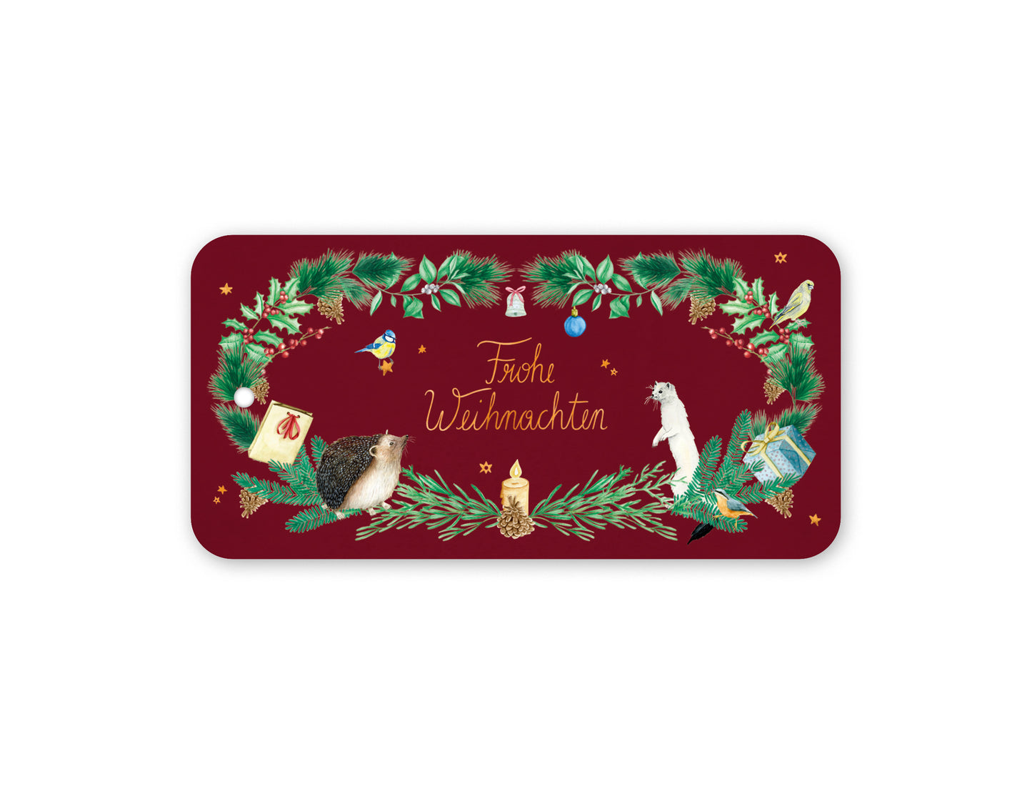 Christmas stationery inspired by forest animals, plants and an angel, painted in watercolour and printed on high-quality paper by Huber und Lerner. Showing a present tag in red 02
