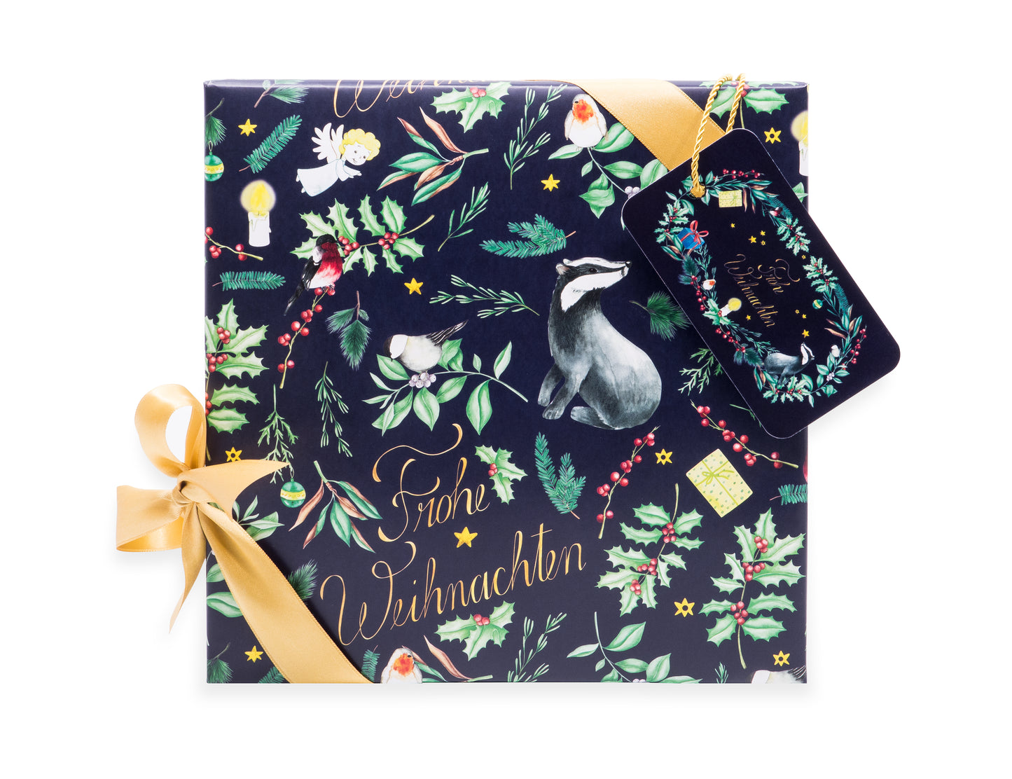 Christmas stationery inspired by forest animals, plants and an angel, painted in watercolour and printed on high-quality paper by Huber und Lerner. Showing a wrapping paper for gifts in blue 02