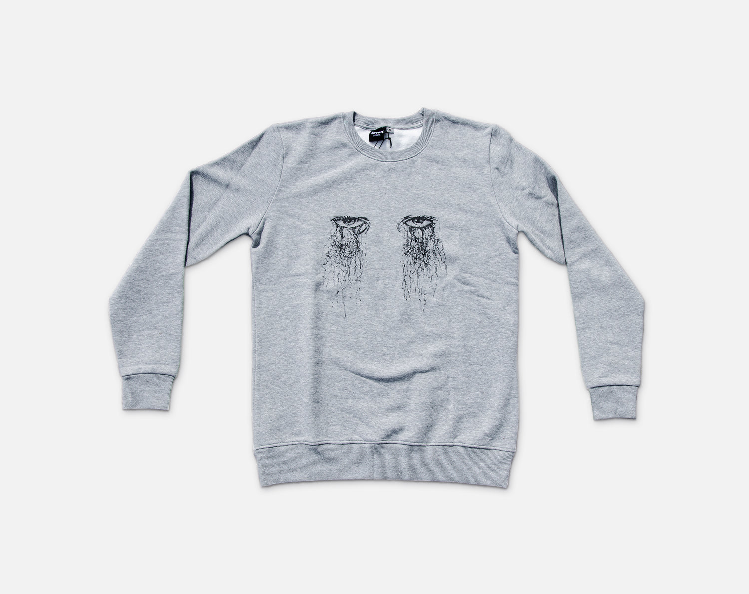 Grey Sweater with silk-screen-printed ink illustration of eyes, high-quality artistic pullovers, for a bold statement 01