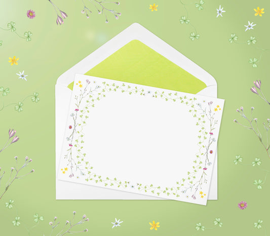 Spring-themed letter paper from the 'Four Seasons' set, featuring 10 cards and 10 colourfully lined envelopes adorned with illustrations and drawings of flowers and plants in a charming pattern 01