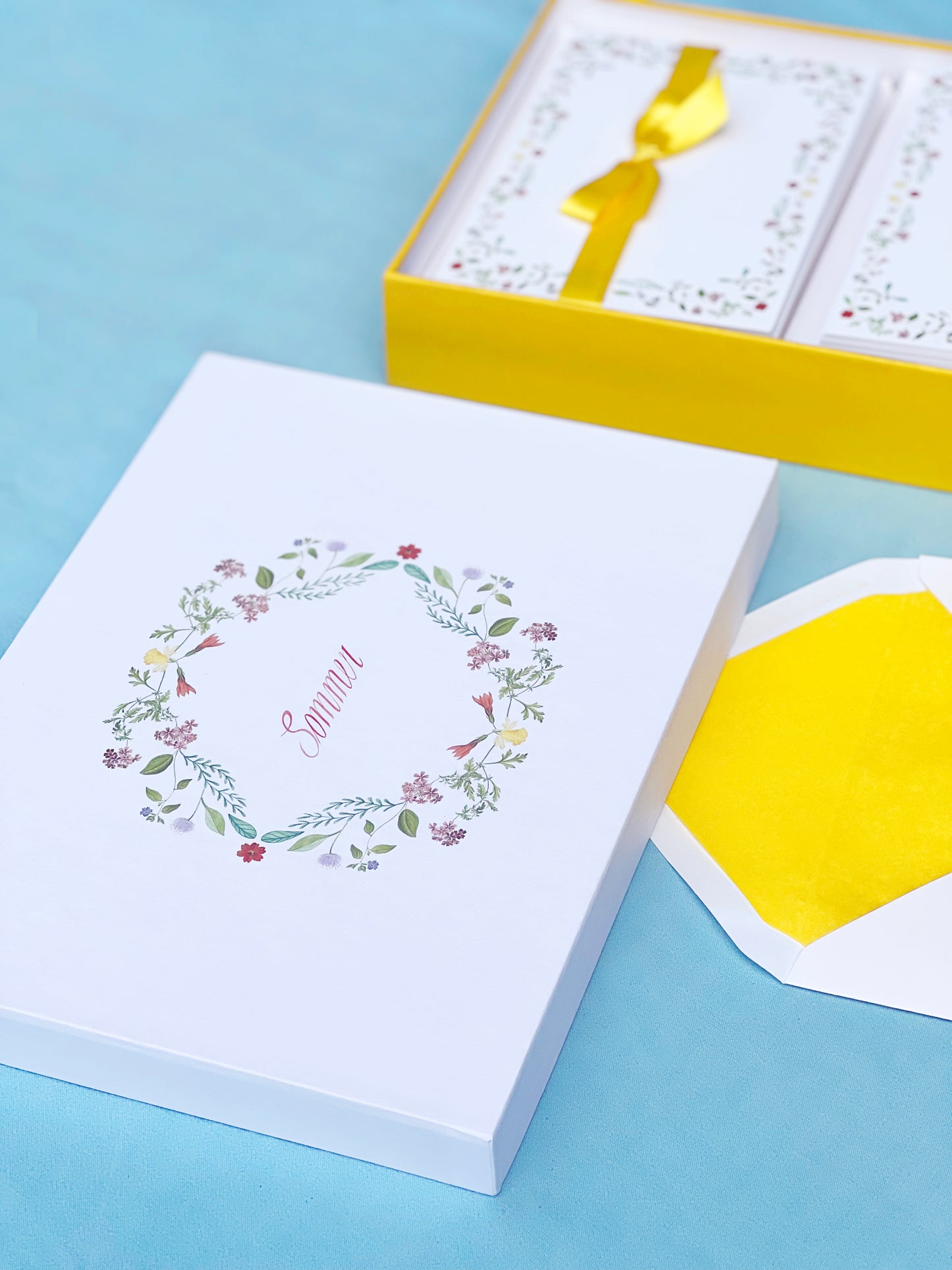 Summer-themed letter paper box from the 'Four Seasons' set, featuring 50 cards and 50 colourfully lined envelopes adorned with illustrations of flowers and plants in a charming pattern 02