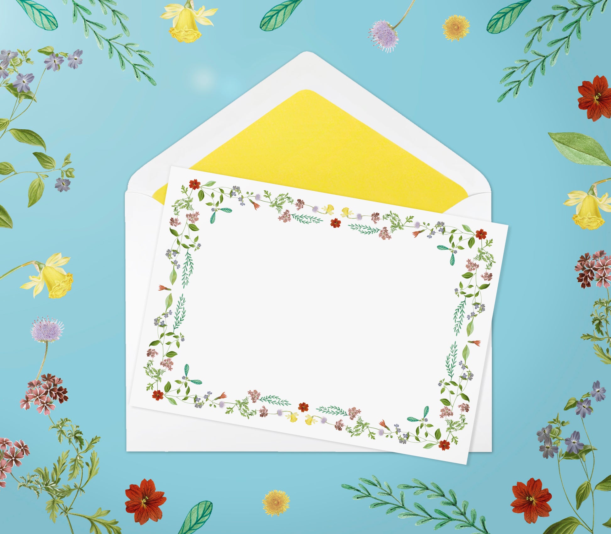 Summer-themed letter paper from the 'Four Seasons' set, featuring 10 cards and 10 colourfully lined envelopes adorned with illustrations and drawings of flowers and plants in a charming pattern 01