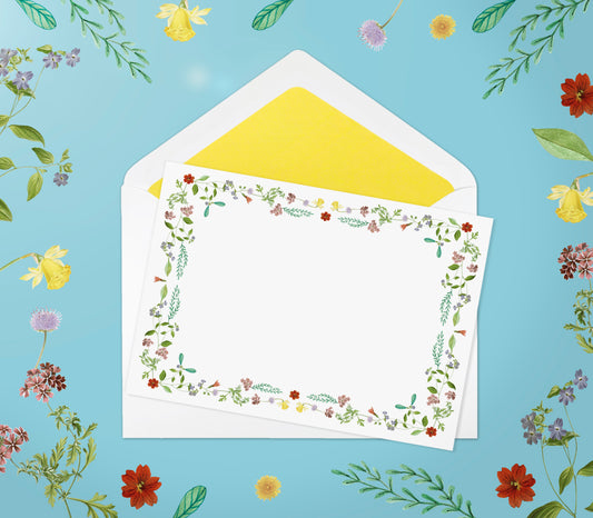 Summer-themed letter paper from the 'Four Seasons' set, featuring 10 cards and 10 colourfully lined envelopes adorned with illustrations and drawings of flowers and plants in a charming pattern 01