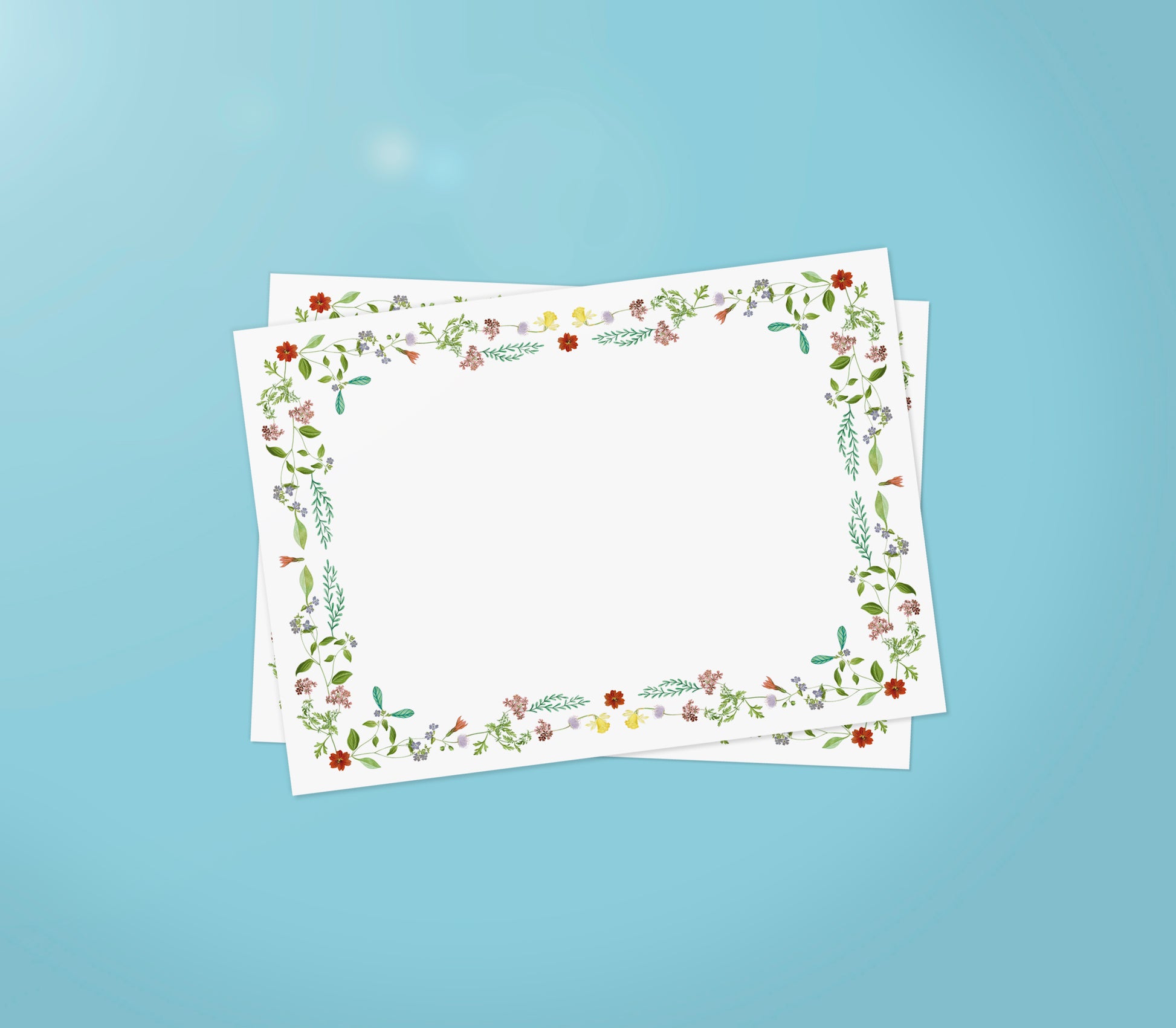 Summer-themed letter paper from the 'Four Seasons' set, featuring 10 cards and 10 colourfully lined envelopes adorned with illustrations and drawings of flowers and plants in a charming pattern 02