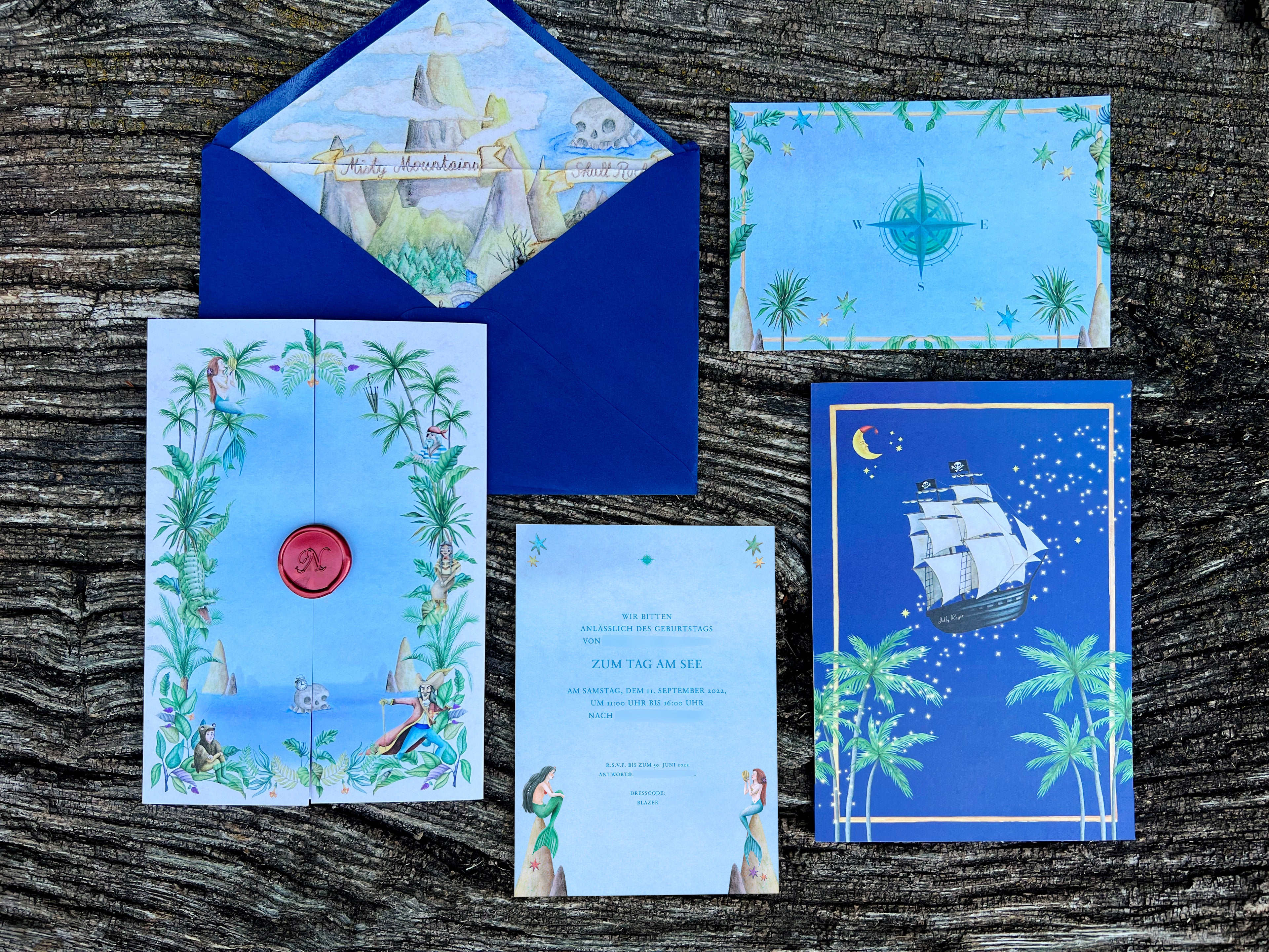 Watercolour Illustrations and art for a party invitation inspired by Peter Pan's Neverland, featuring tropical plants, blue fantasy envelopes, whimsical personalised post stamps and red wax seals