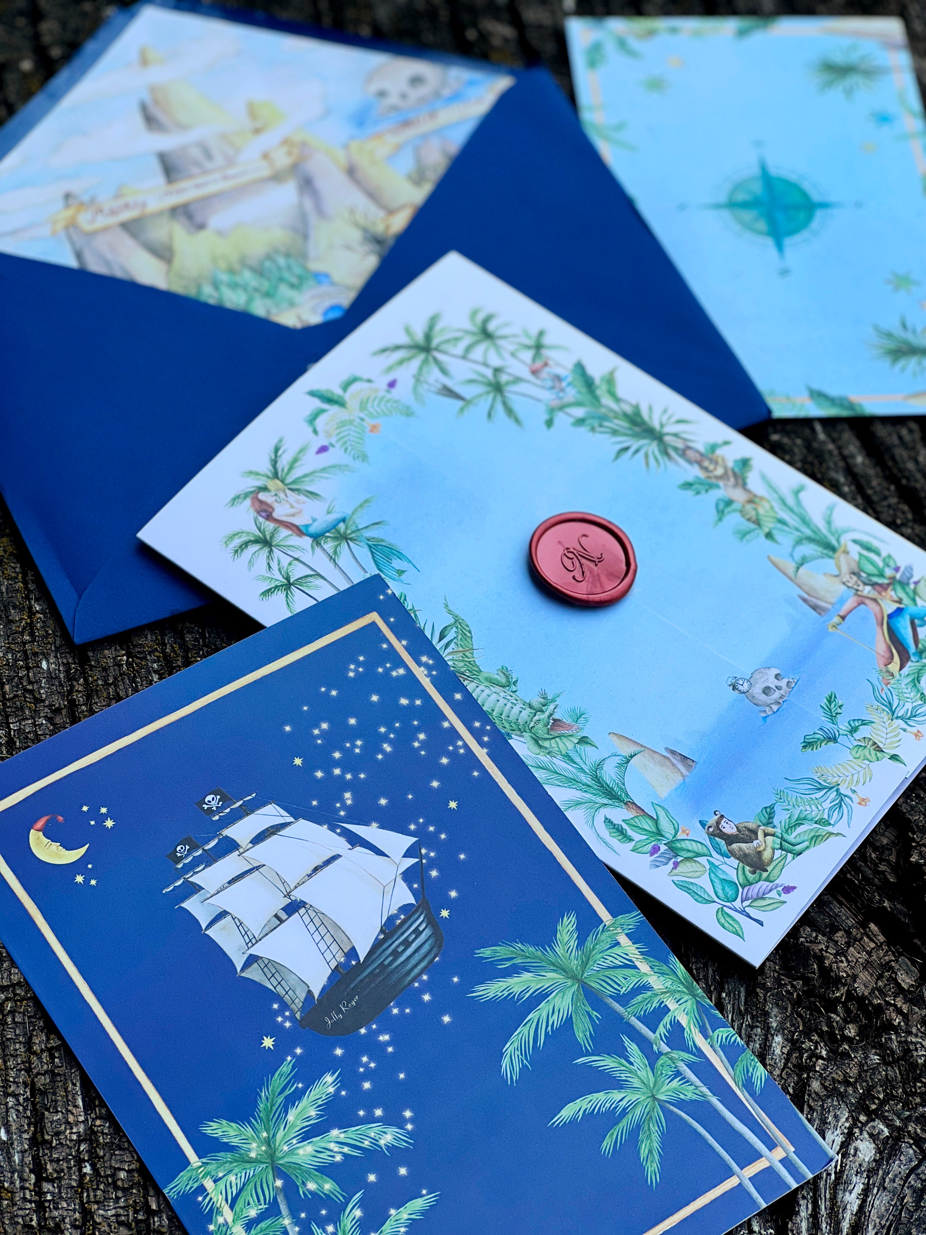 Watercolour Illustrations and art for a party invitation inspired by Peter Pan's Neverland, featuring tropical plants, blue fantasy envelopes, whimsical personalised post stamps and red wax seals 02