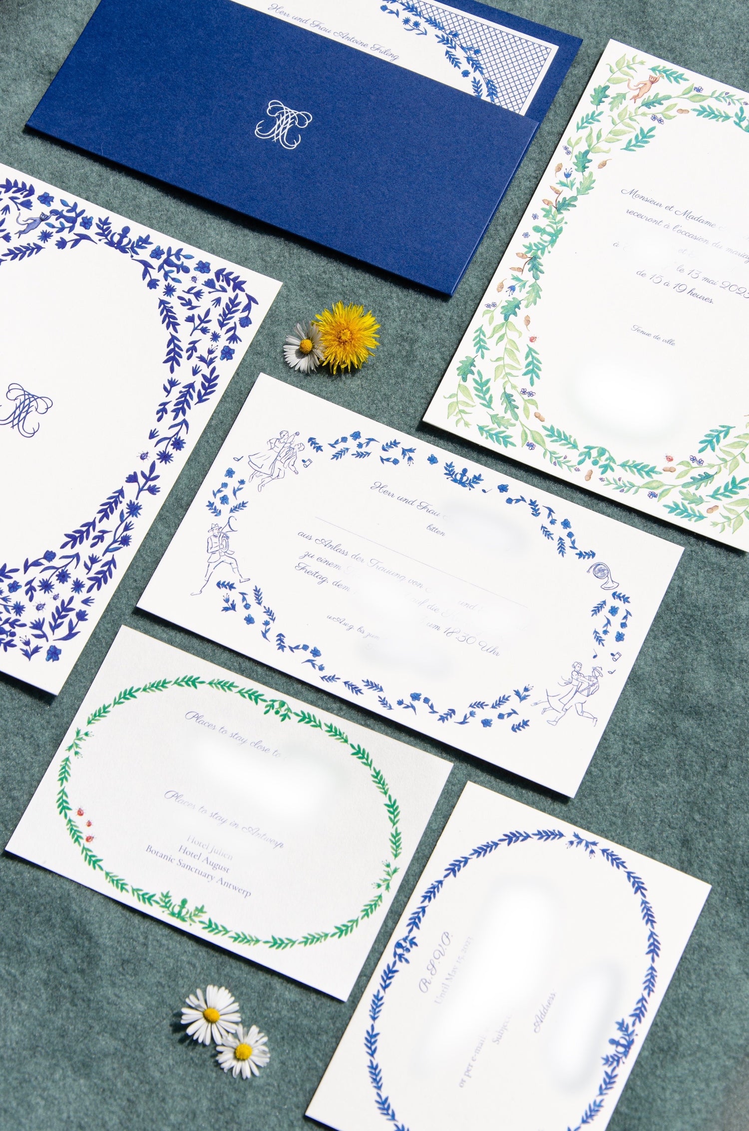 Watercolour wedding invitation with a blue and green monochrome minimalistic pattern of flowers, branches and leaves, as well as drawings of dancing couples, showcasing the artistic vision of the couple