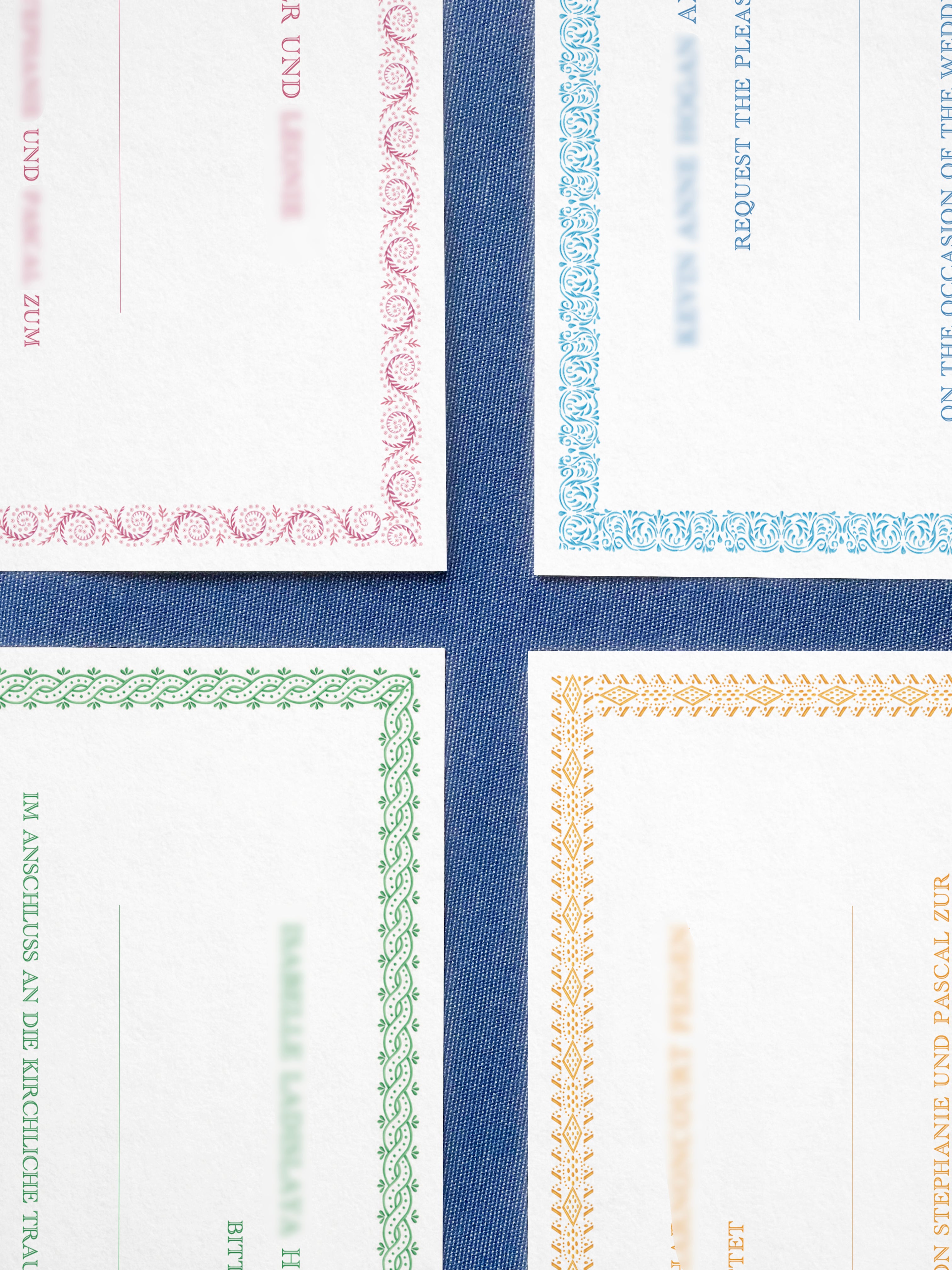 Watercolour wedding invitation with pastel coloured patterns on the boarder, inspired by austrian traditional clothing, showcasing the artistic vision of the couple