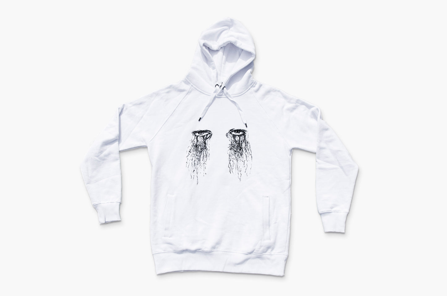 White Hoodie with silk-screen-printed ink illustration of eyes, high-quality artistic pullovers, for a cool, bold statement 01