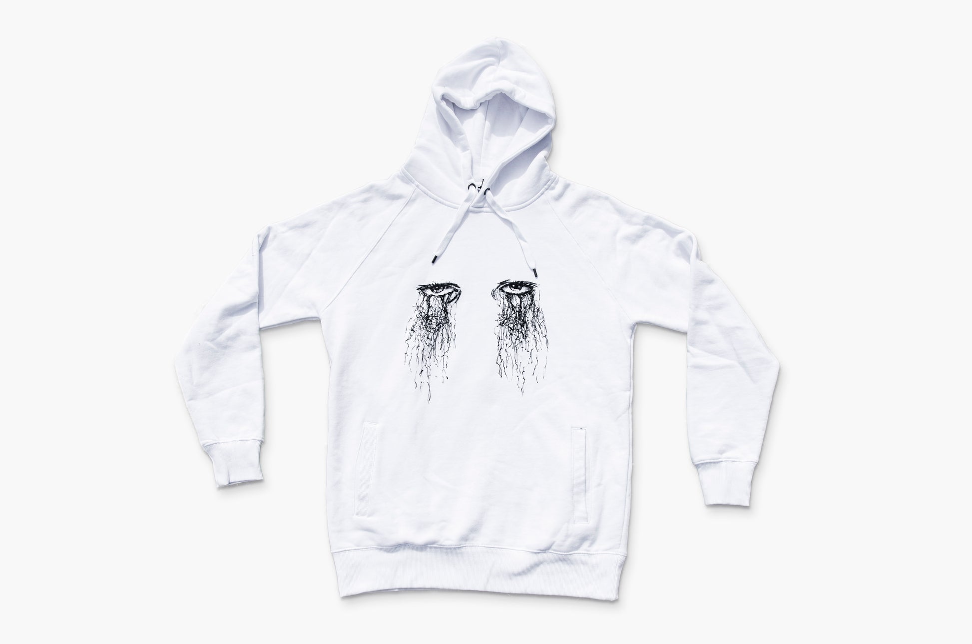 White Hoodie with silk-screen-printed ink illustration of eyes, high-quality artistic pullovers, for a cool, bold statement 01