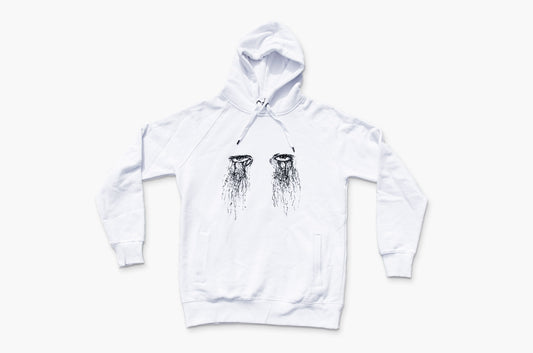 White Hoodie with silk-screen-printed ink illustration of eyes, high-quality artistic pullovers, for a cool, bold statement 01