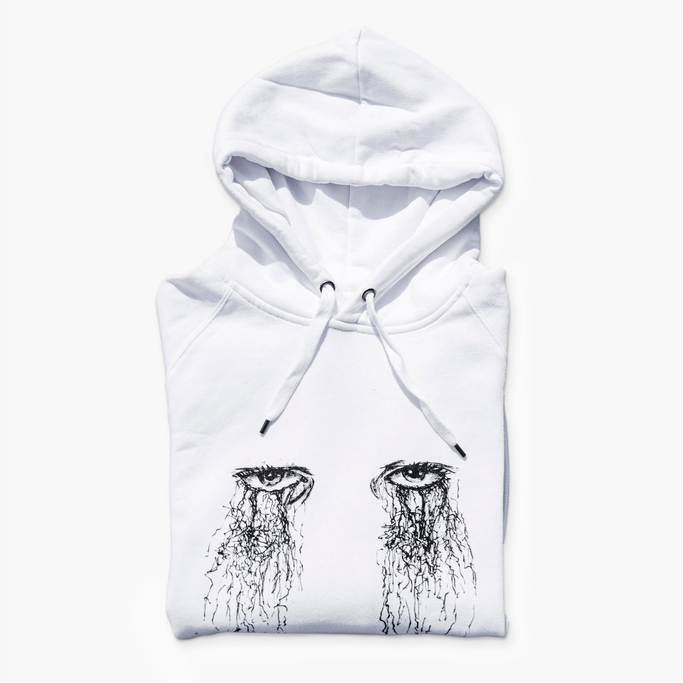 White Hoodie with silk-screen-printed ink illustration of eyes, high-quality artistic pullovers, for a cool, bold statement 02