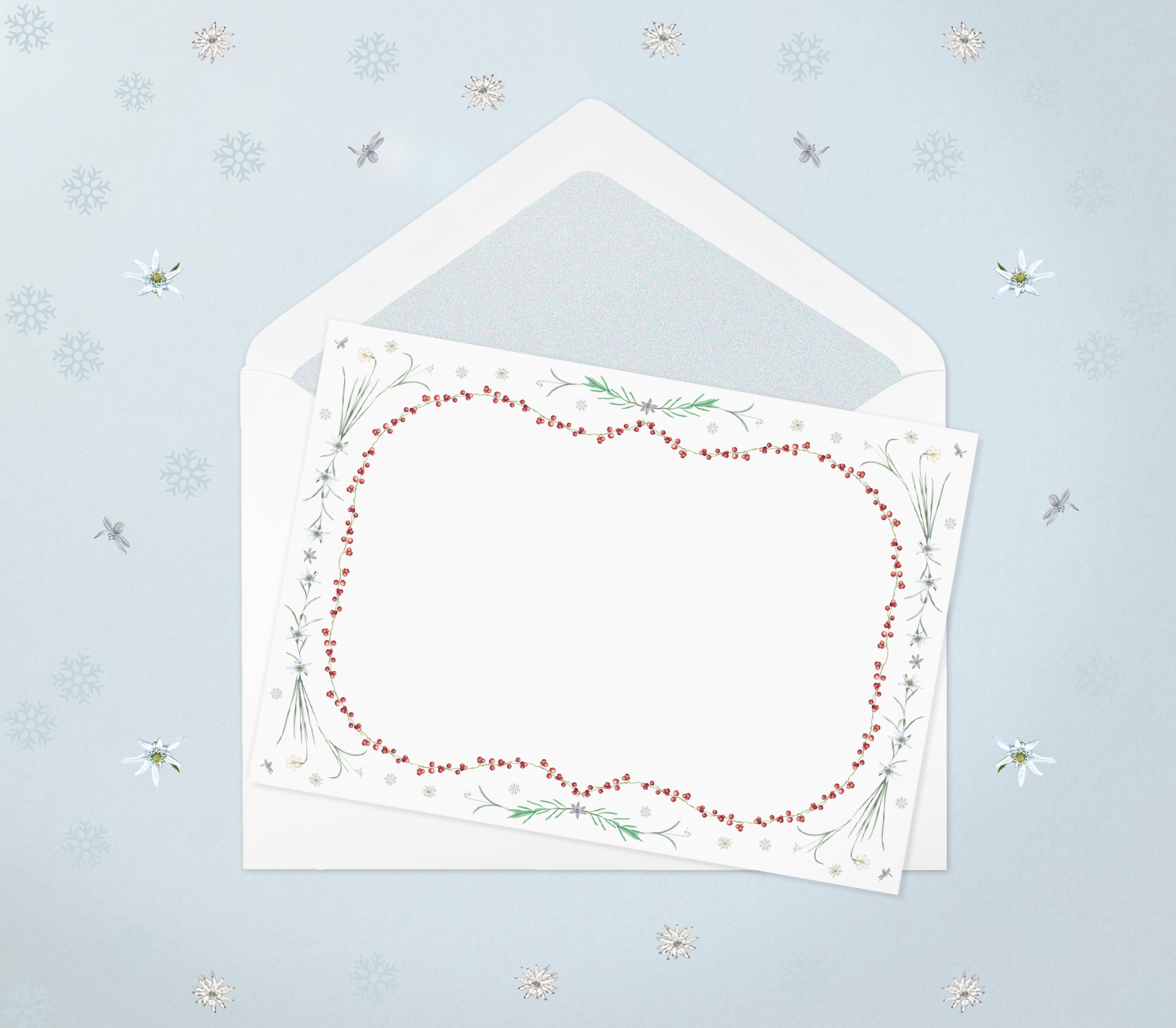 Winter-themed letter paper from the 'Four Seasons' set, featuring 10 cards and 10 colourfully lined envelopes adorned with illustrations and drawings of flowers and plants in a charming pattern 01