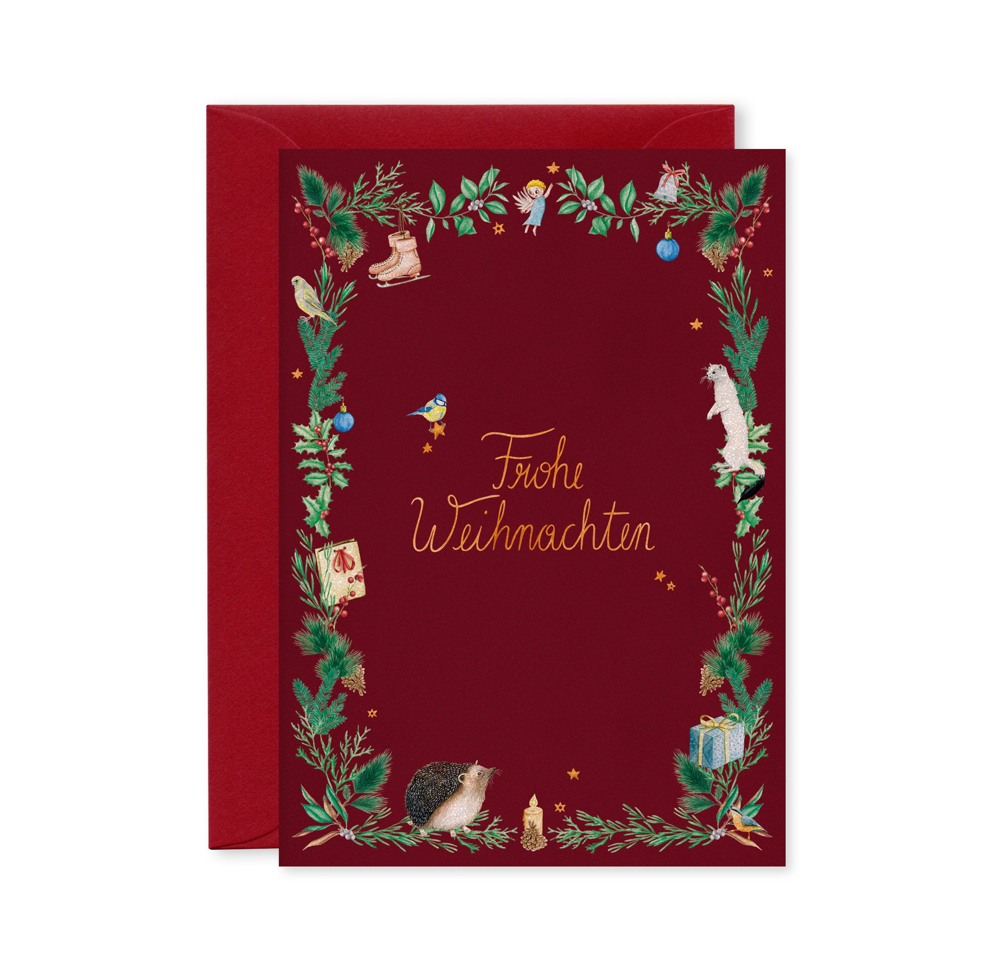 Christmas stationery inspired by forest animals, plants and an angel, painted in watercolour and printed on high-quality paper by Huber und Lerner. Showing a greeting card in red 02