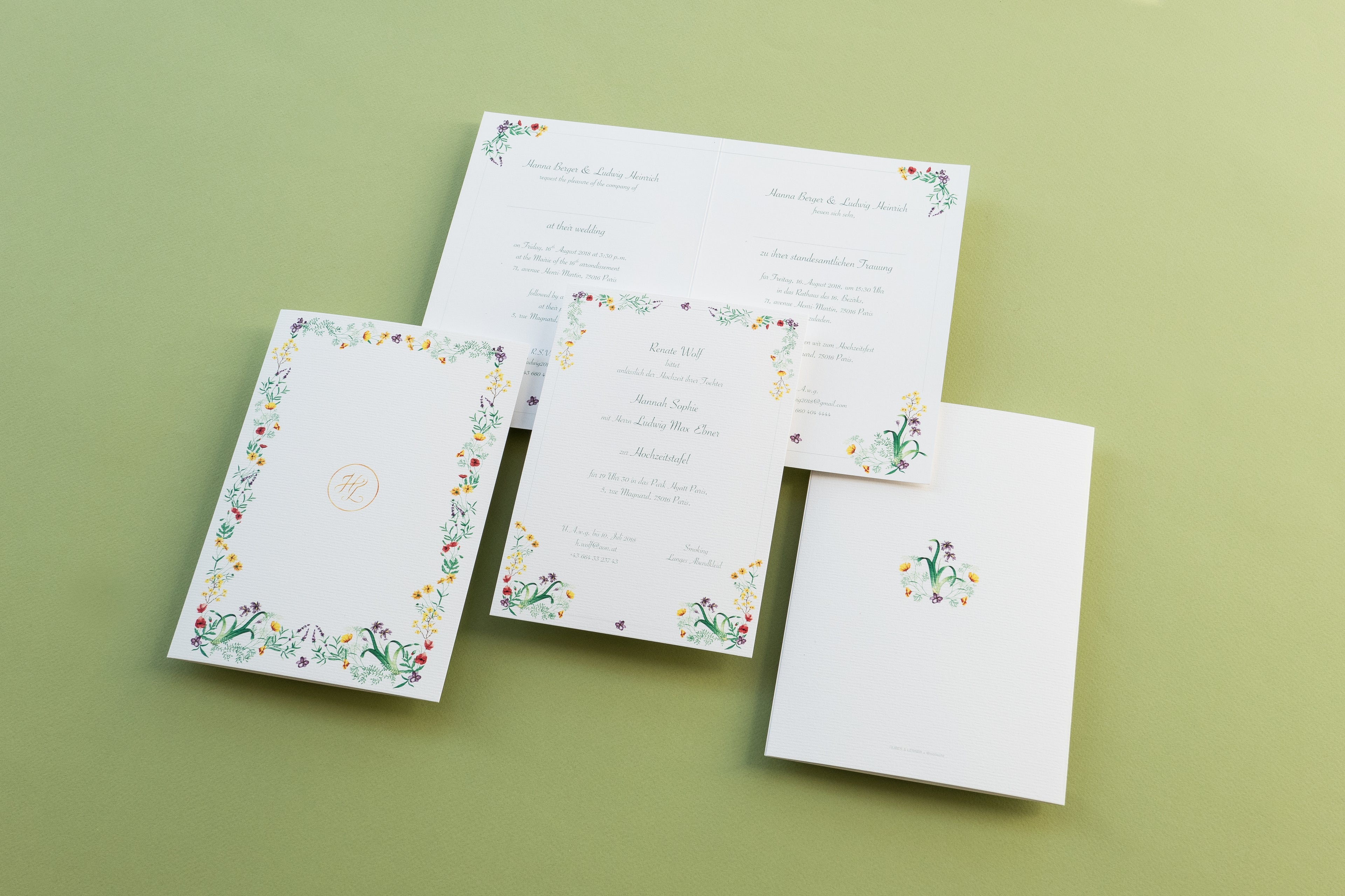 "Die Feldblume", watercolour illustrated Wedding-Stationery-Template printed on high quality paper by Vienna's Printer Huber & Lerner