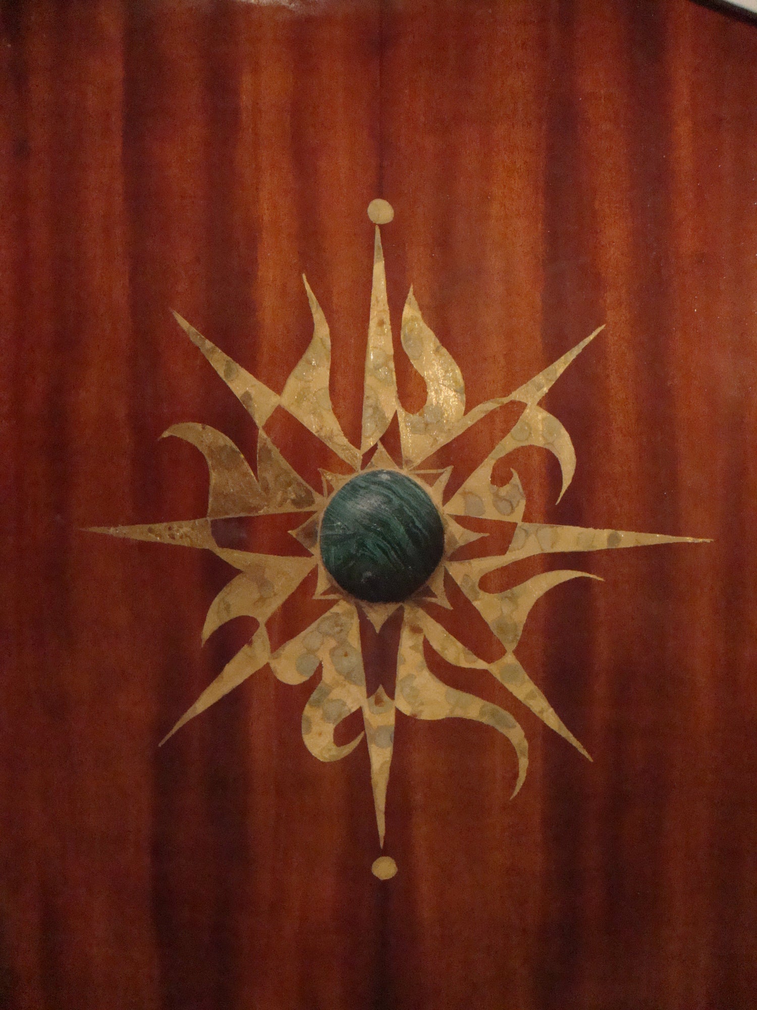 Large Trompe L'oeil painting depicting a a fake wood and marble illustration in vibrant colours, in oil-paint and gold leaves