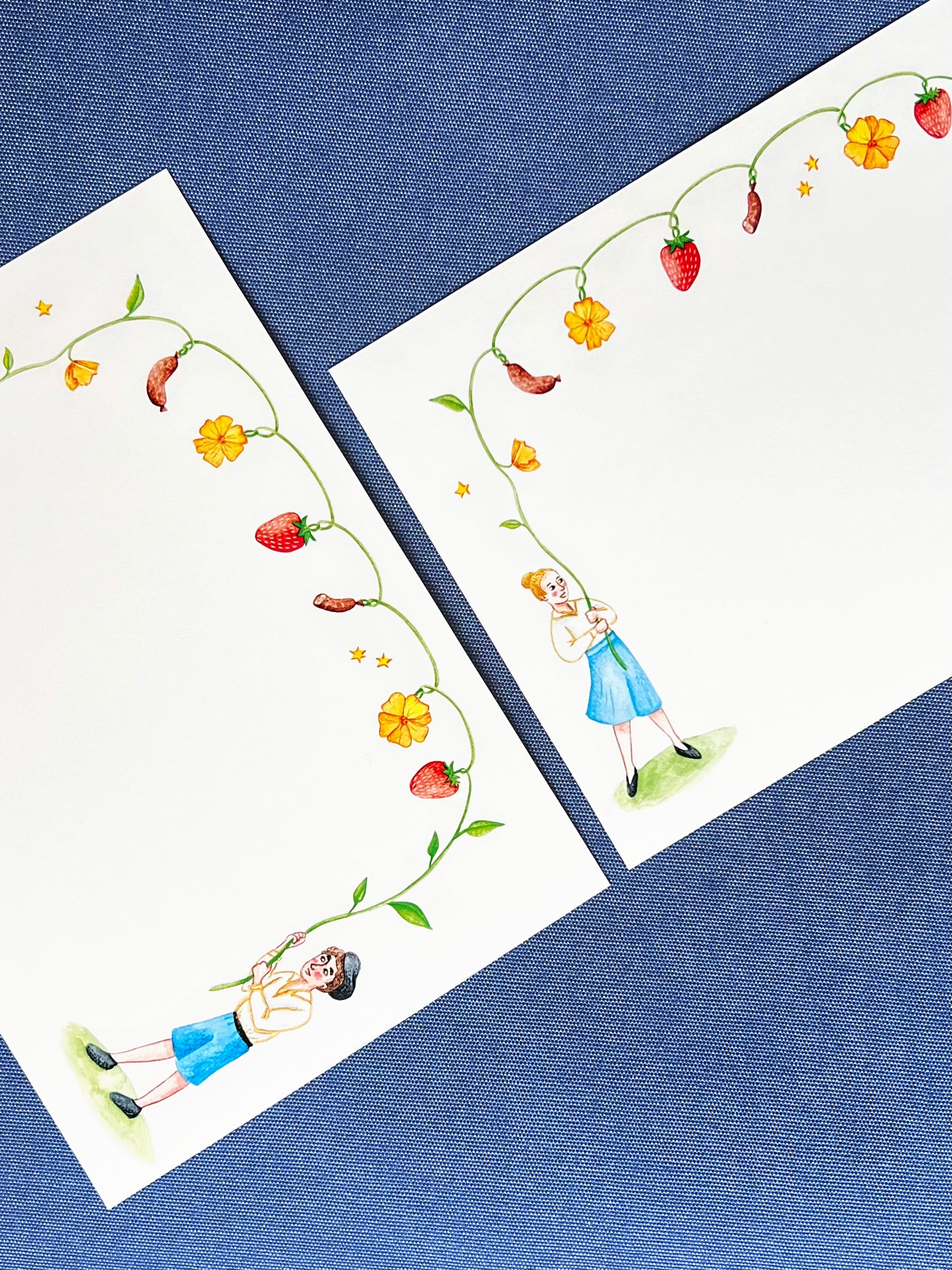 Watercolour Illustrations on layouts for Party invitations, reminiscent of charming children's book artwork and characters